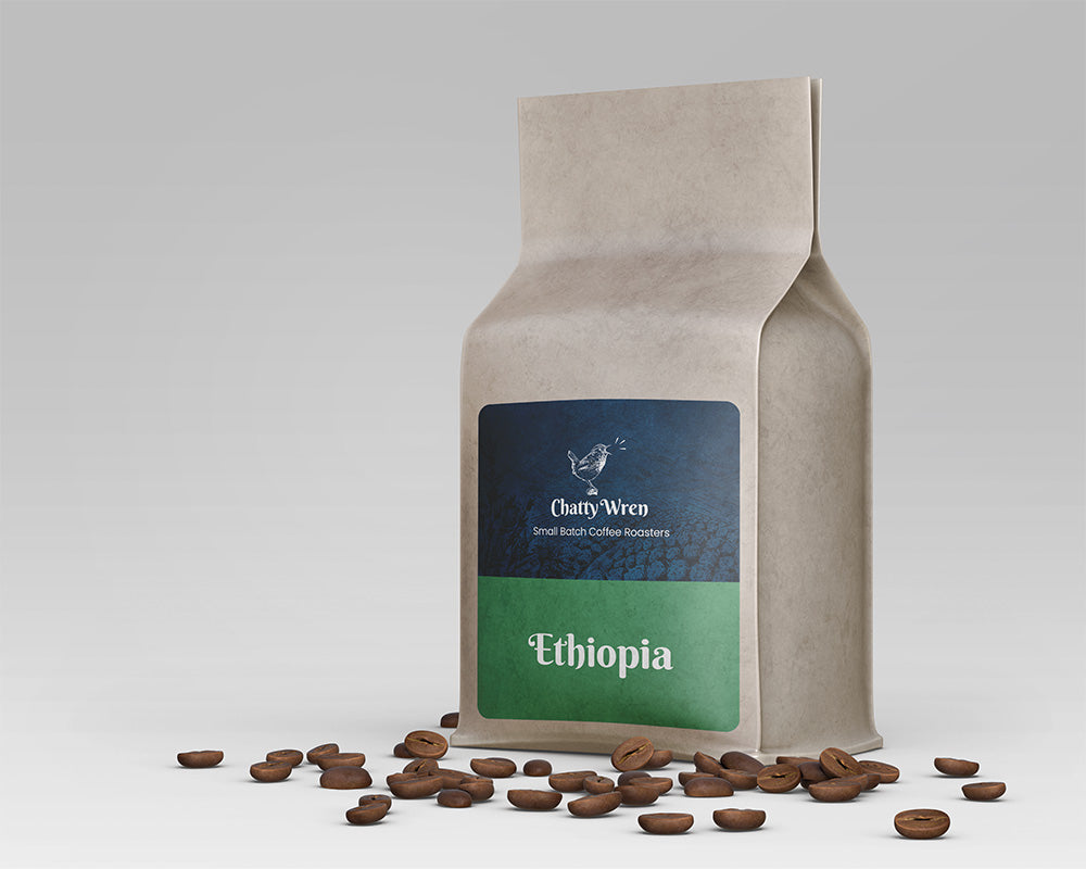 Bag of coffee with green label that says Ethiopia.