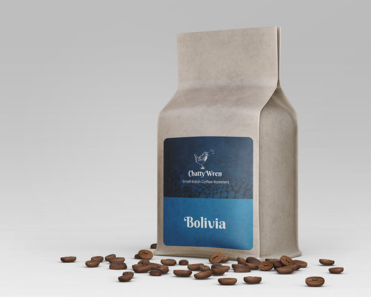 Coffee bag with blue label that says "Bolivia"