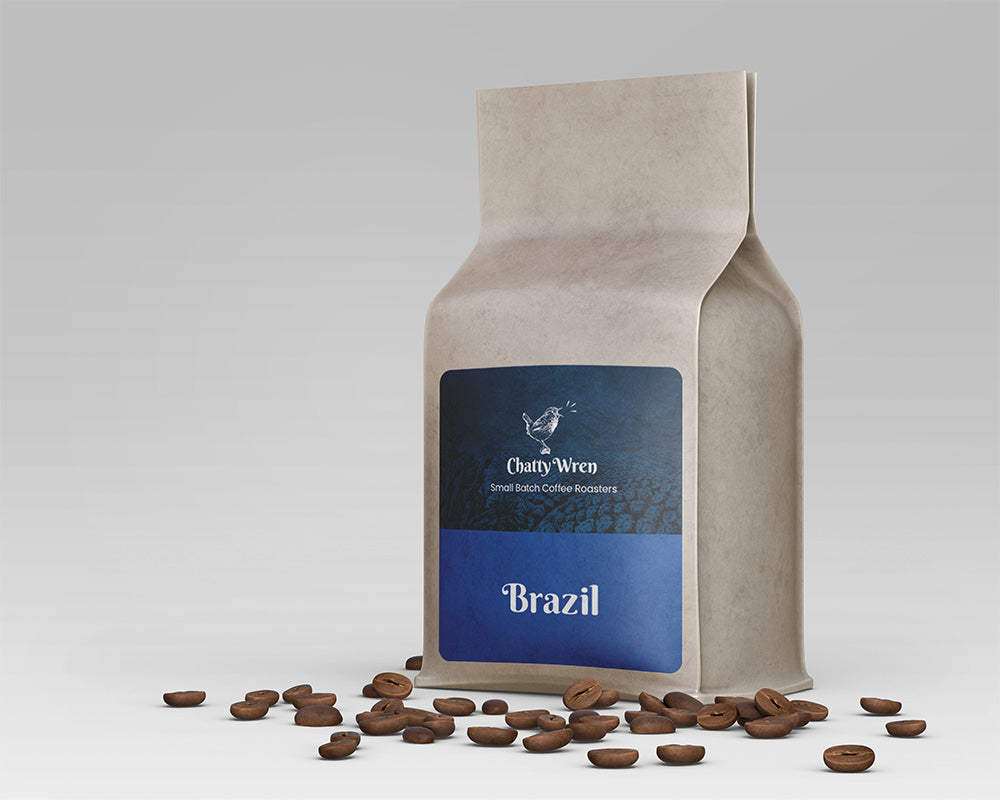 Coffee bag with blue label that reads "Brazil: