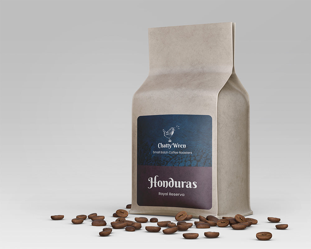 Bag with dark brown label that says "Honduras Royal Reserva"