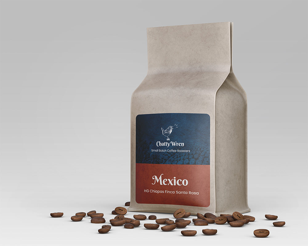 Coffee bag with label that reads "Mexico: HG Chiapas Finca Santa Rosa"