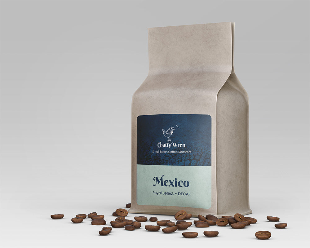 Bag of coffee with a light green label that says "Mexico Royal Select"