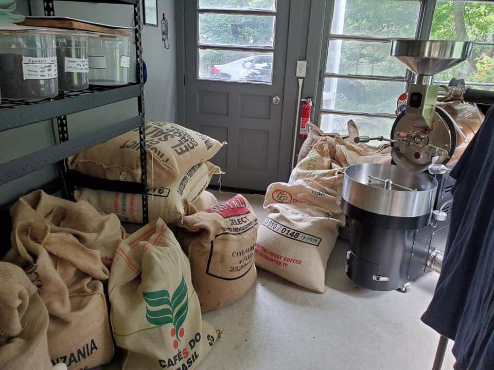 Storeroom of coffee in burlap bags