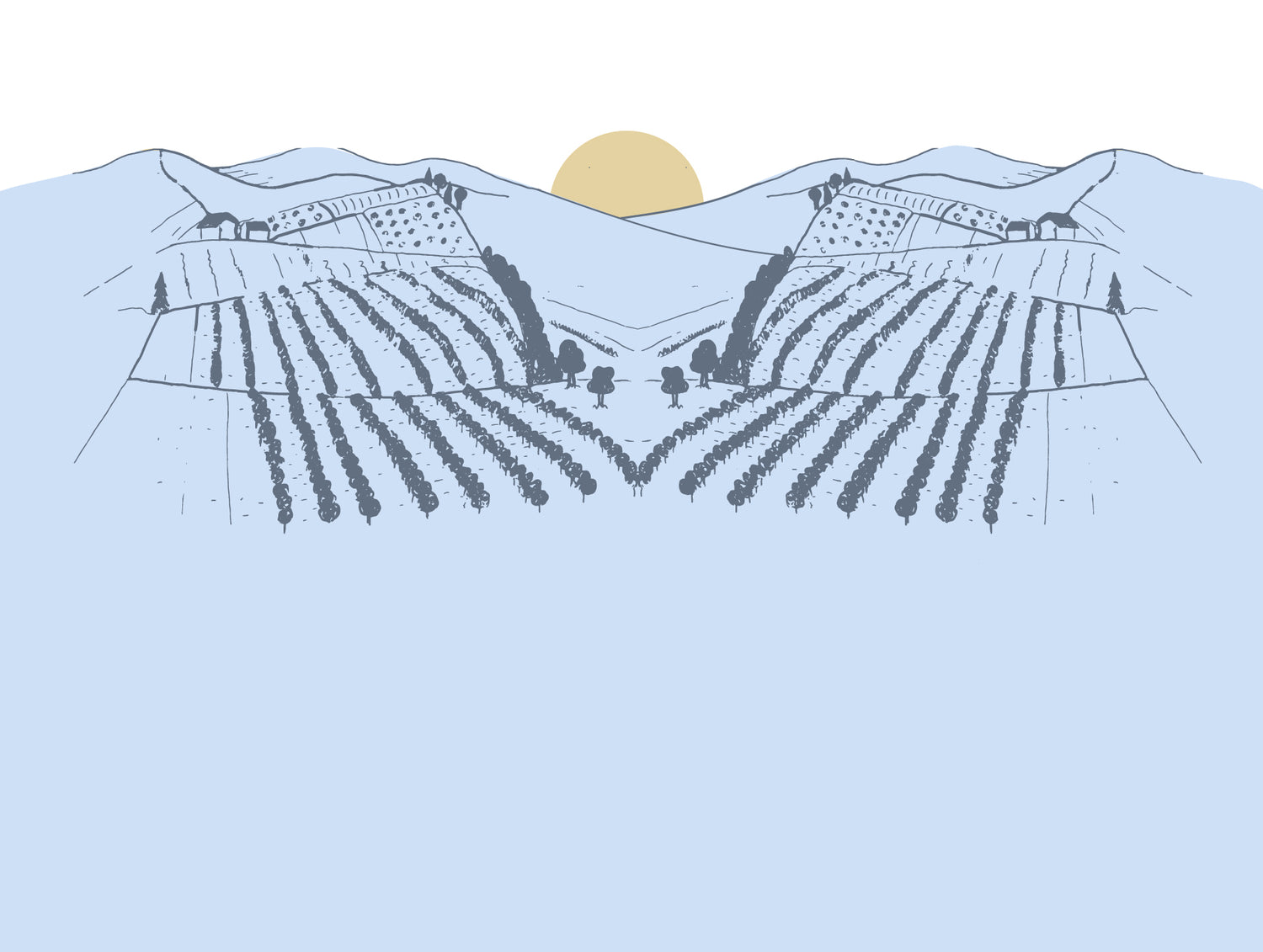 Illustration of Sun peaking over mountains with houses and groves