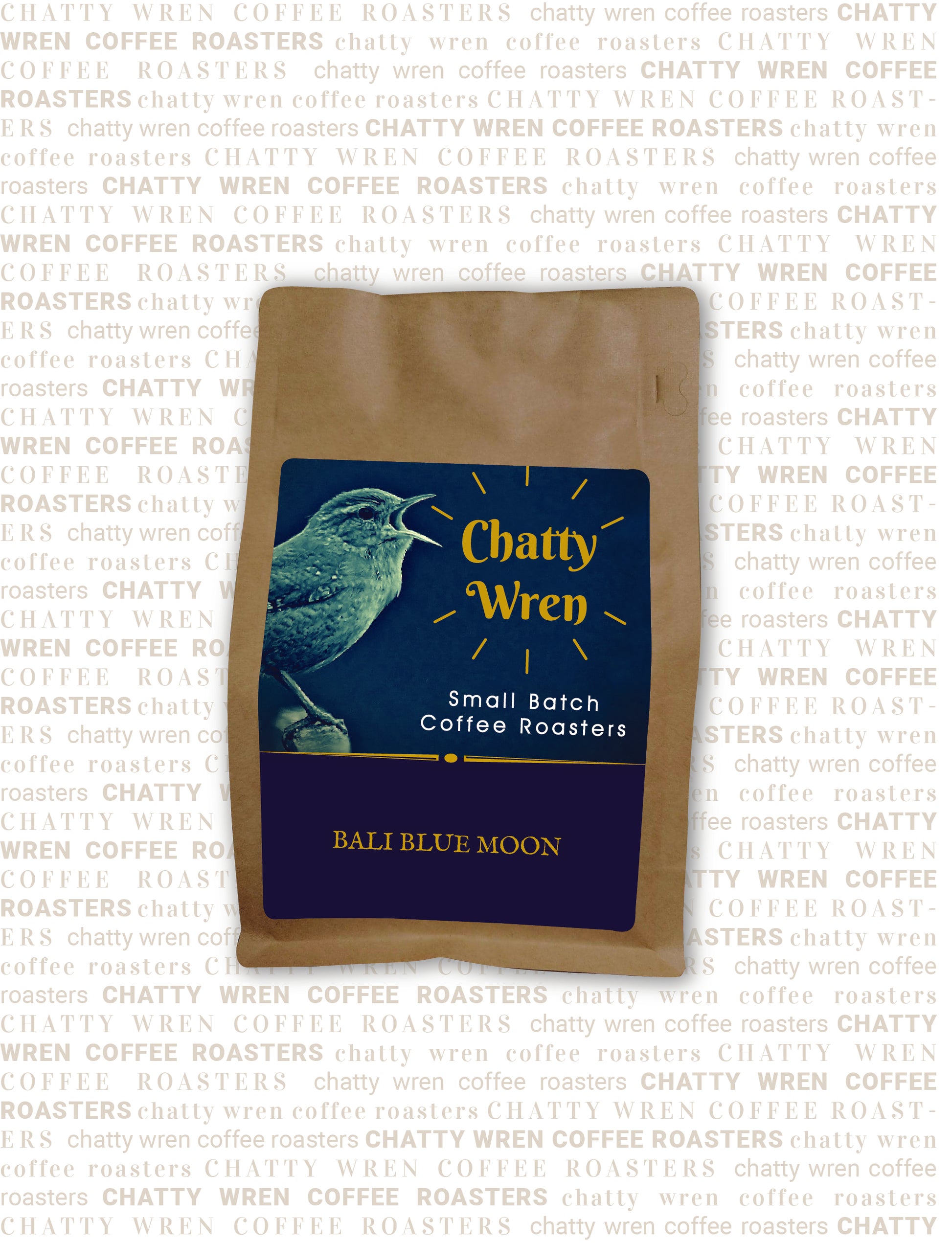 Chatty Wren coffee bag with royal blue section that says 'Bali Blue Moon'