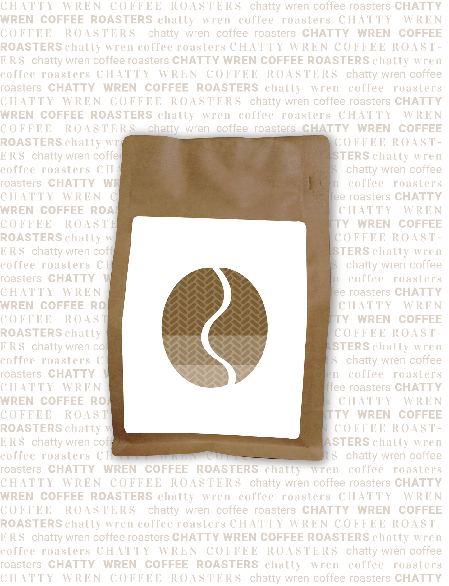 Chatty Wren coffee bag with a white label and a coffee bean