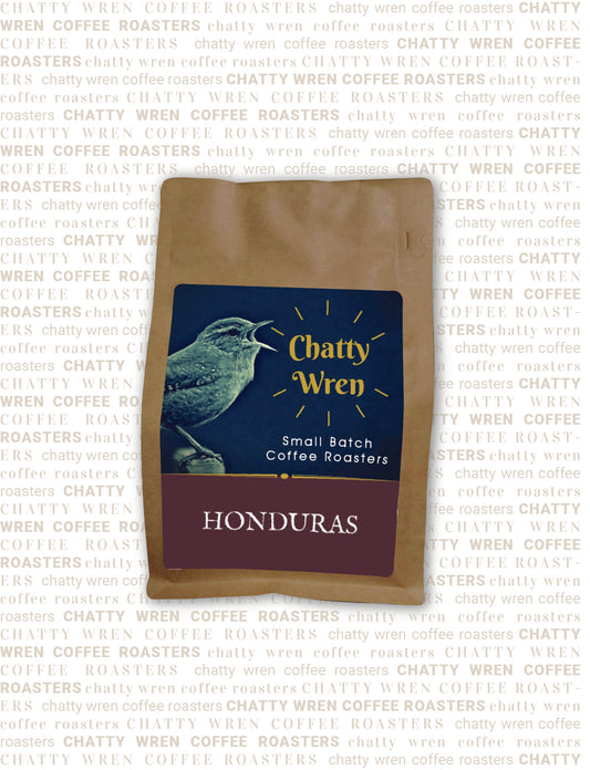 Chatty Wren coffee bag with burgundy section that says 'Honduras''