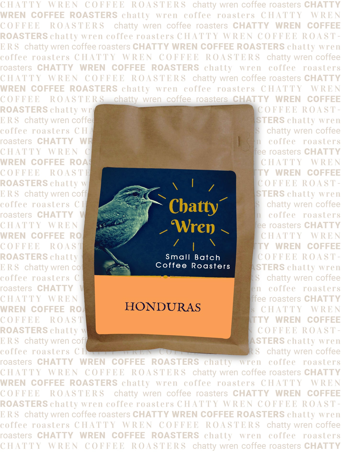 Chatty Wren coffee bag with orange section that says 'Honduras'