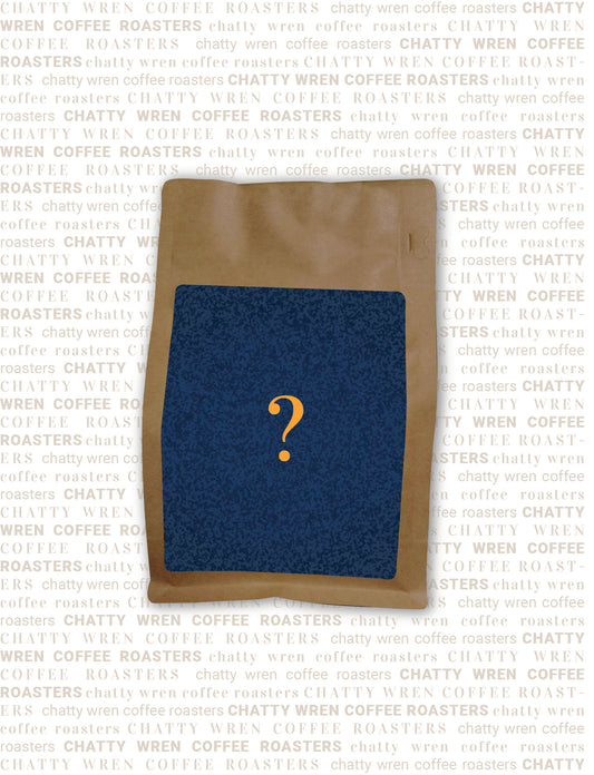 Chatty Wren coffee bag with blue background and orange question mark